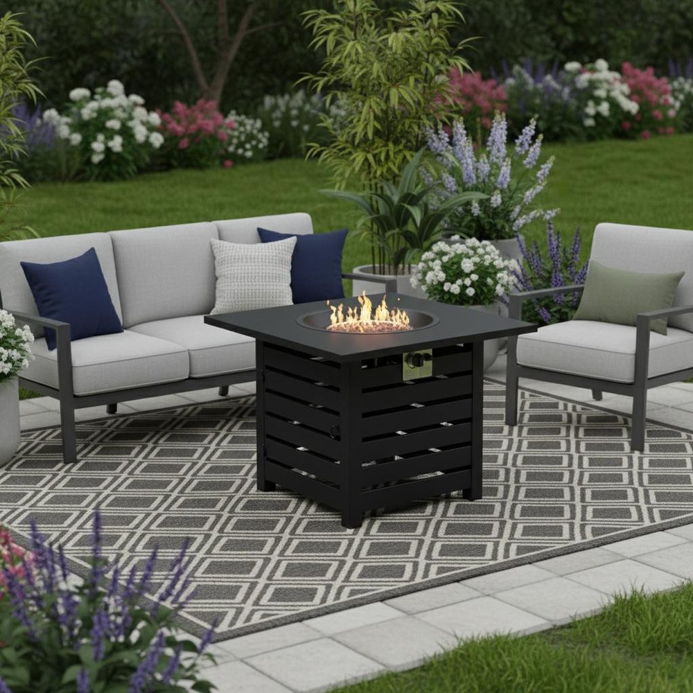 32" Propane Fire Pit Table (Black Metal, 50,000 BTU) with Cover