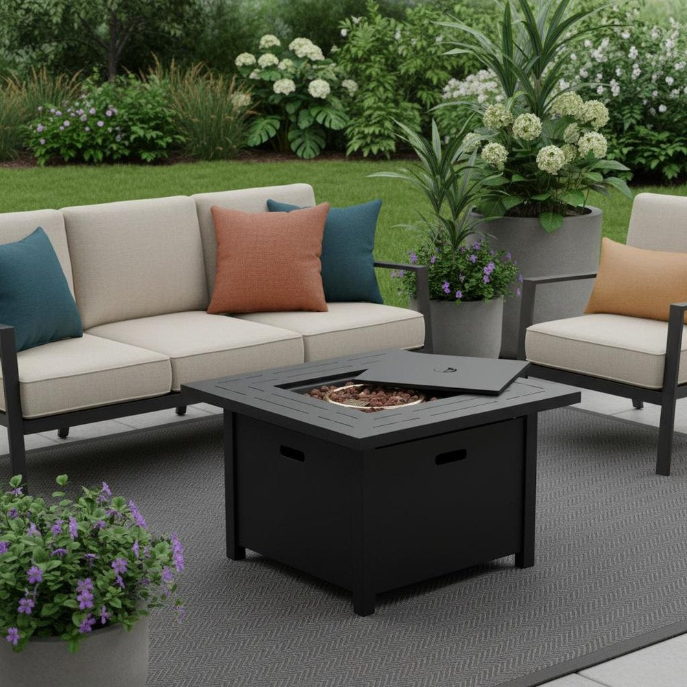 28" Propane Fire Pit Table (Black Rattan, 50,000 BTU) with Cover