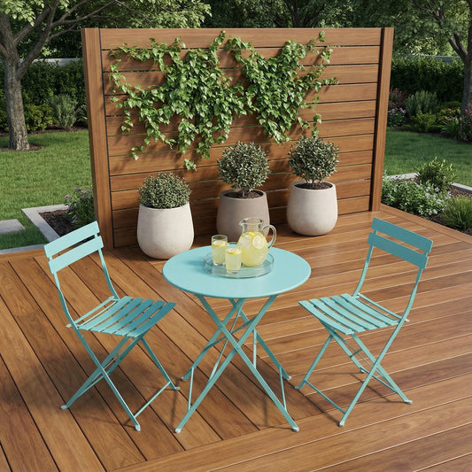 3-Piece Teal Outdoor Bistro Set with Round Metal Table