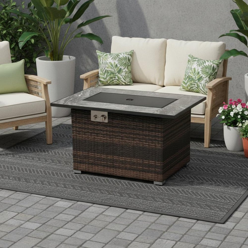 43" Brown Wicker Propane Fire Pit Table with Cover